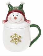 Кружка керамическая Bon с фигурной крышкой Озорной снеговик, 400мл , белый с зелёным  834-284
