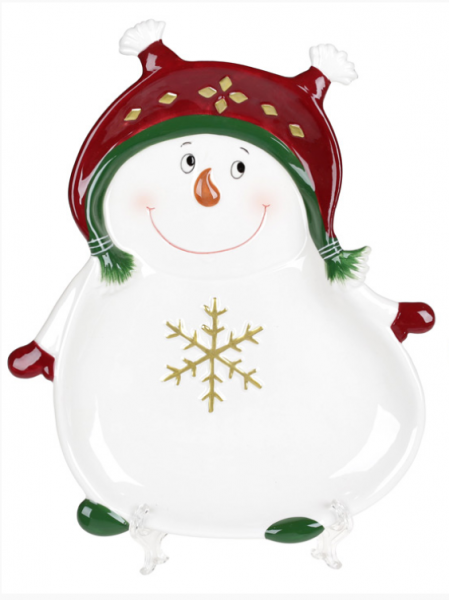 Блюдо керамічне фігурне Bon Пустотливий сніговик, 27.5см, білий з червоним 834-273