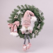 Венок новогодний с гномом в розовой шапке 50 см. Flora 16481