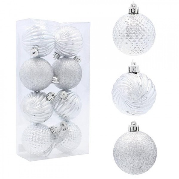 Набір пластикових срібних новорічних кульок 8 шт. D-6 см. Flora 43131