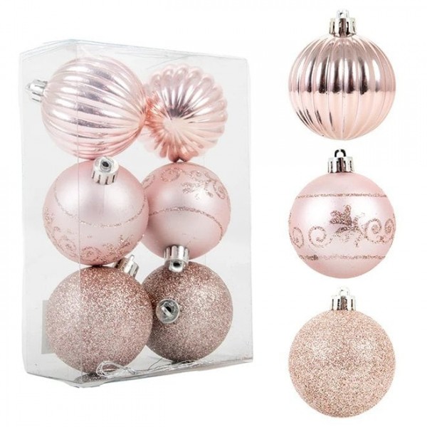 Набір пластикових рожевих новорічних кульок 6 шт. D-6 см. Flora 43120