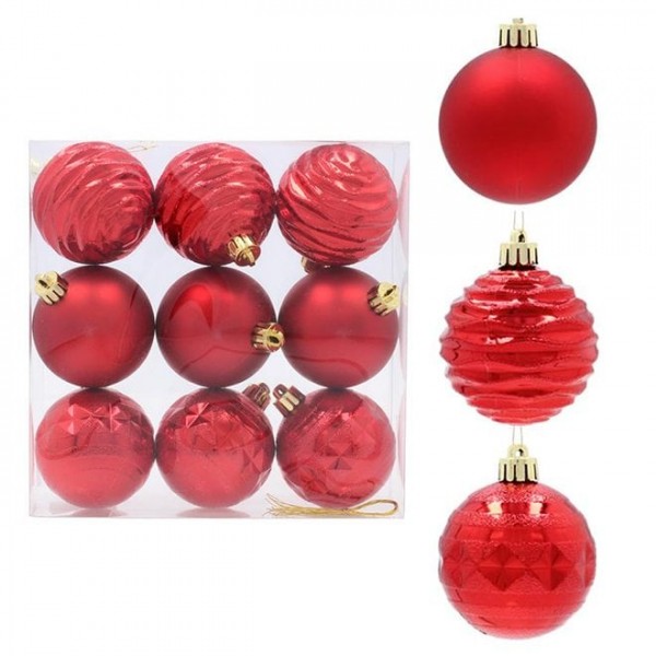 Набір пластикових червоних новорічних кульок 9 шт. D-6 см. Flora 43124