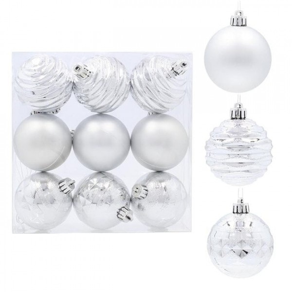 Набір пластикових срібних новорічних кульок 9 шт. D-6 см. Flora 43126