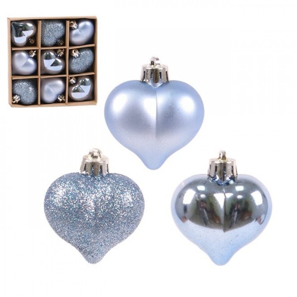 Набір пластикових синіх новорічних прикрас Серце 9 шт. D-4.5 см. Flora 43145