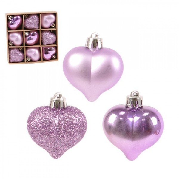 Набір пластикових фіолетових новорічних прикрас Серце 9 шт. D-4.5 см. Flora 43146