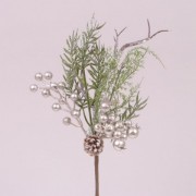 Гілочка новорічна з шишкою та срібними ягідками Flora 75950