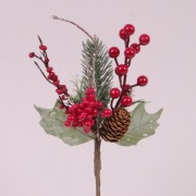 Гілочка новорічна з шишкою та червоними ягідками Flora 75949