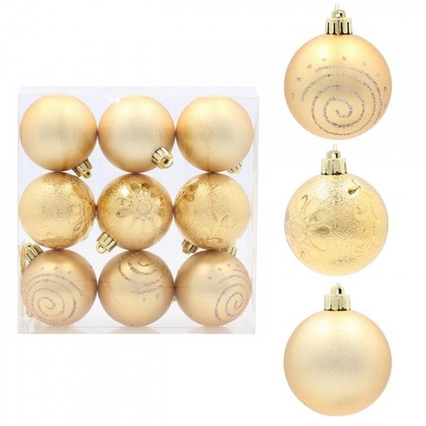 Набір пластикових золотих новорічних кульок 9 шт. D-6 см. Flora 43097