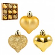 Набор пластиковых золотых новогодних украшений Сердечка 9 шт. D-4.5 см. Flora 43037