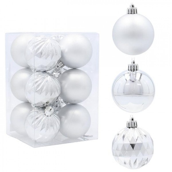 Набір пластикових срібних новорічних кульок 12 шт. D-6 см. Flora 43041