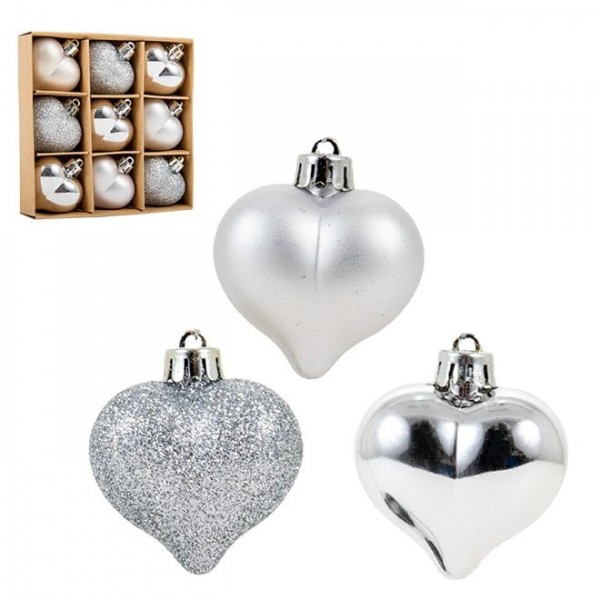 Набір пластикових срібних новорічних прикрас Серце 9 шт. D-4.5 см. Flora 43038