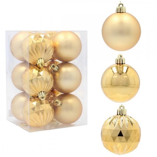 Набір пластикових золотих новорічних кульок 12 шт. D-6 см. Flora 43040