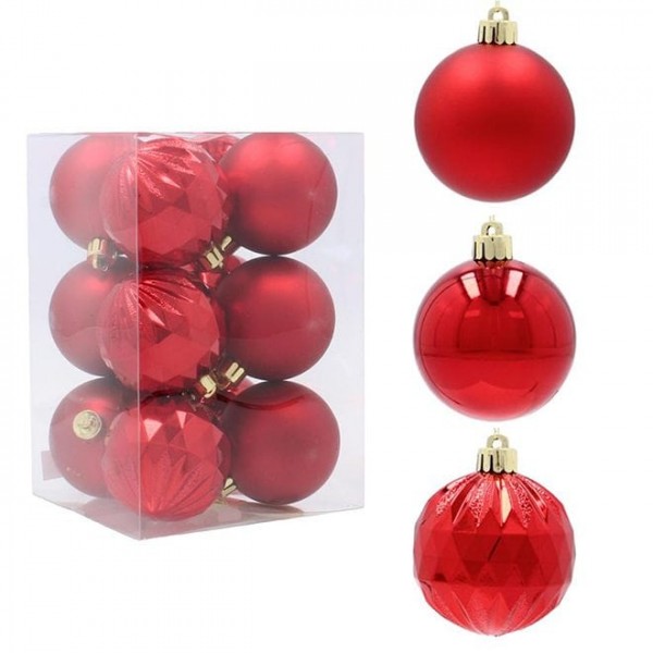 Набір пластикових червоних новорічних кульок 12 шт. D-6 см. Flora 43039
