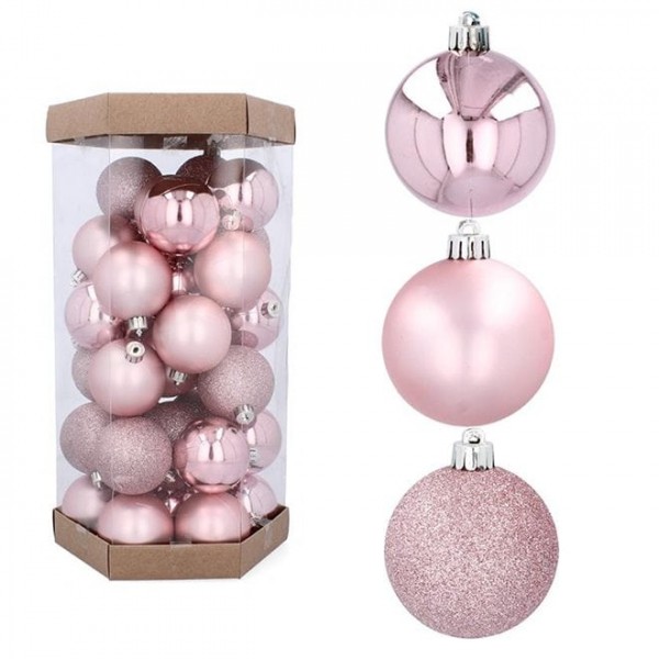 Набір пластикових рожевих новорічних кульок 36 шт. D-6 см. Flora 43084