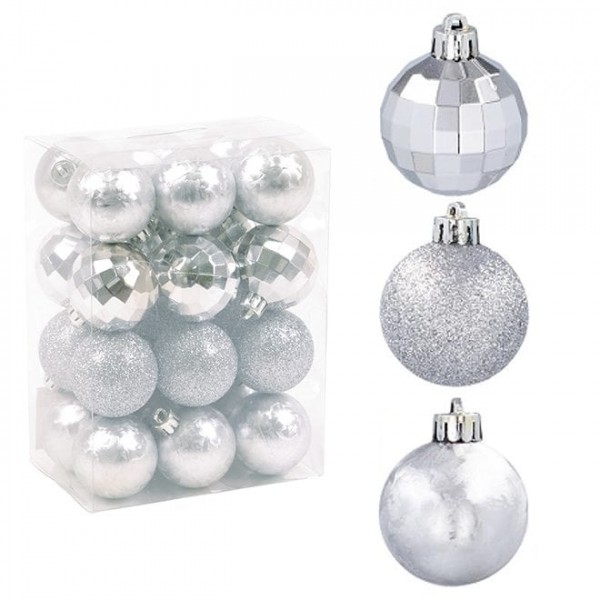 Набір пластикових срібних новорічних кульок 24 шт. D-4 см. Flora 43075
