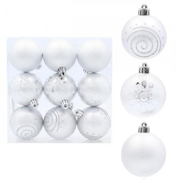 Набір пластикових срібних новорічних кульок 9 шт. D-6 см. Flora 43098