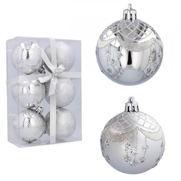 Набір пластикових срібних новорічних кульок 6 шт. D-8 см. Flora 43016