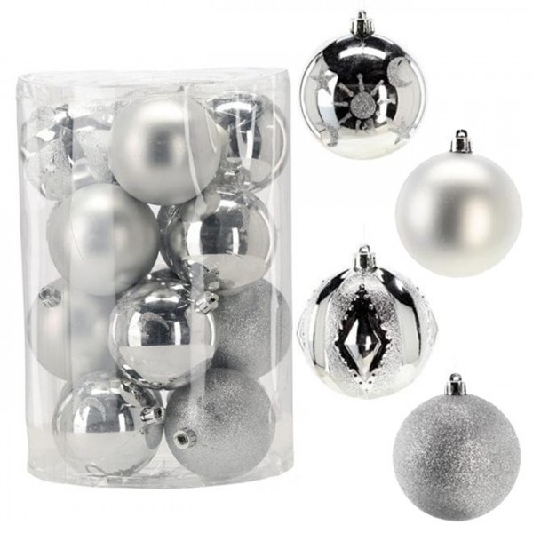 Набір пластикових срібних новорічних кульок 16 шт. D-8 см. Flora 43070