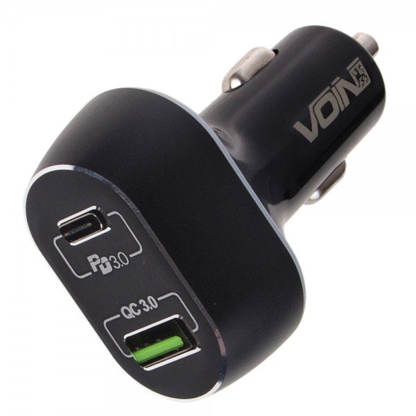 Автомобільний зарядний пристрій VOIN 63W, 1USB QC3.0 18W + 1PD 45W, 12/24V (C-63202Q)