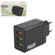 Сетевое зарядное устройство PULSO 30W, 3 USB, QC3.0  (LC-34830 BK)