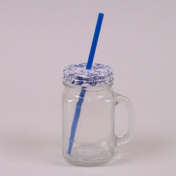 Чашка-банка із трубкою блакитна Flora 0,45 л. 30569