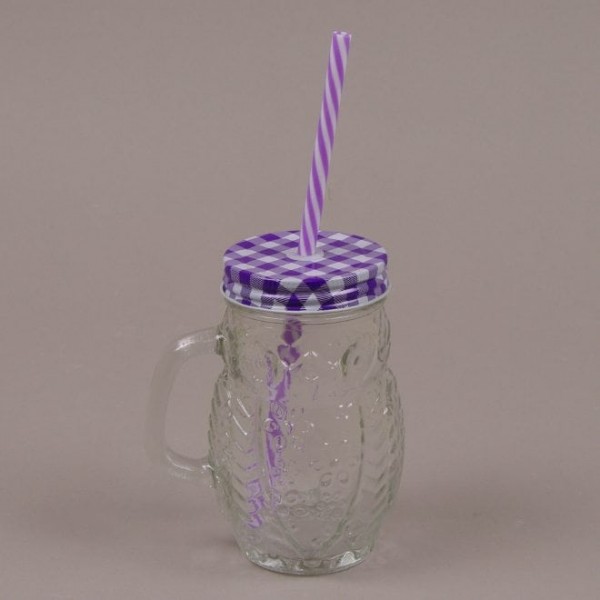 Чашка-банка Сова с трубкой фиолетовая Flora 0,4 л. 35026