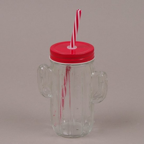 Чашка-банка Кактус с трубкой красная Flora 0,4 л. 35031
