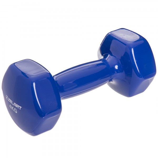 Гантель для фитнеса с виниловым покpытием Zelart TA-2777-4 1шт 4кг цвета в ассортименте Синяя