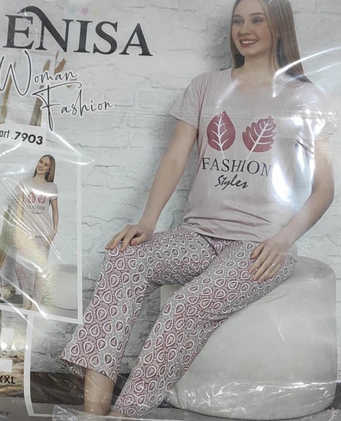 Пижама ENISA L футболка+брюки гряз.розовый лист хлопок арт. 7903\С