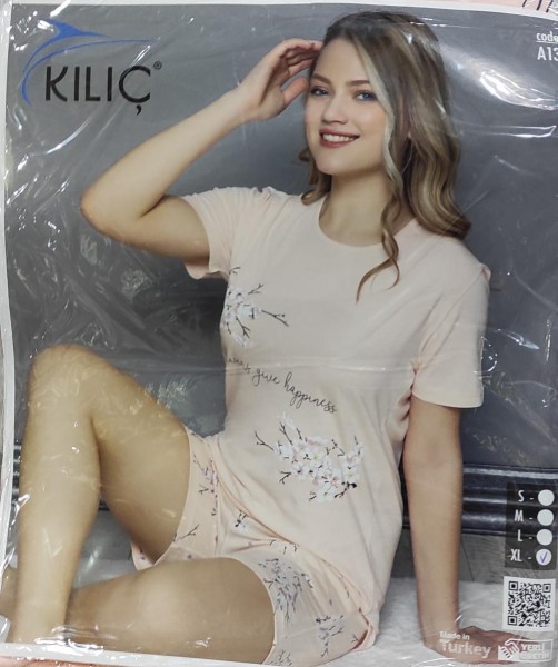 Пижама KILIC L футболка+шорты рис.сакурка пудра хлопок арт. А13