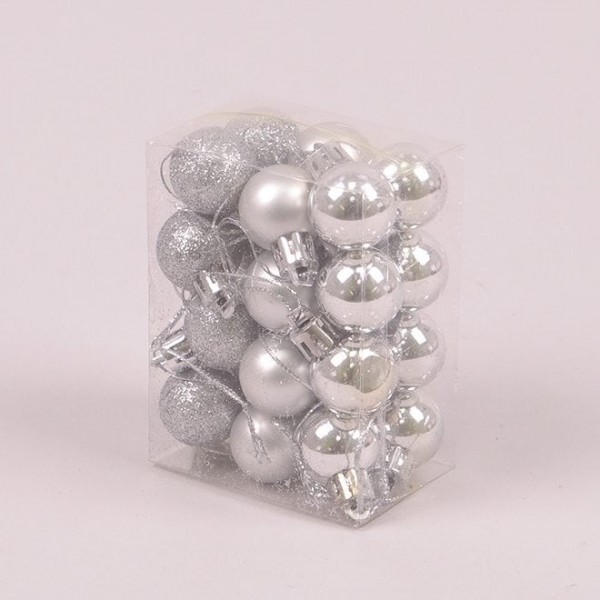 Набір пластикових срібних новорічних кульок Flora 24 шт. D-2.5 см. 44443