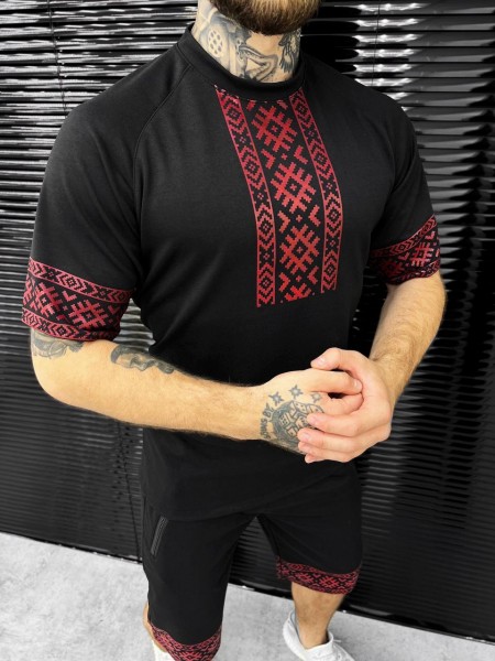Чоловічий літній патріотичний комплект з вишивкою molfar black Костюм вишиванка чорний, розмір L