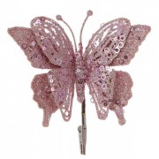 Бабочка новогодняя  Flora на прищепке розовая 17 см. 13257
