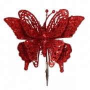 Бабочка новогодняя Flora на прищепке красная 17 см. 13258
