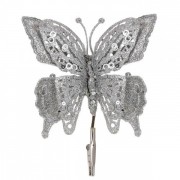 Бабочка новогодняя на прищепке Flora серебряная 17 см. 13256