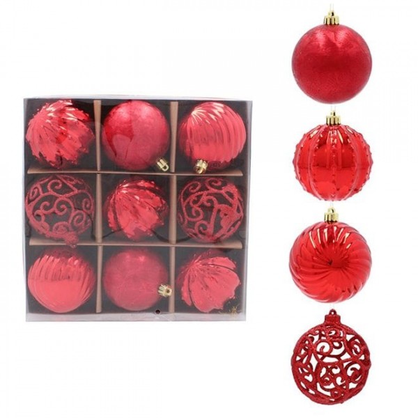 Набір пластикових червоних новорічних кульок Flora 9 шт. D-8 см. 43093
